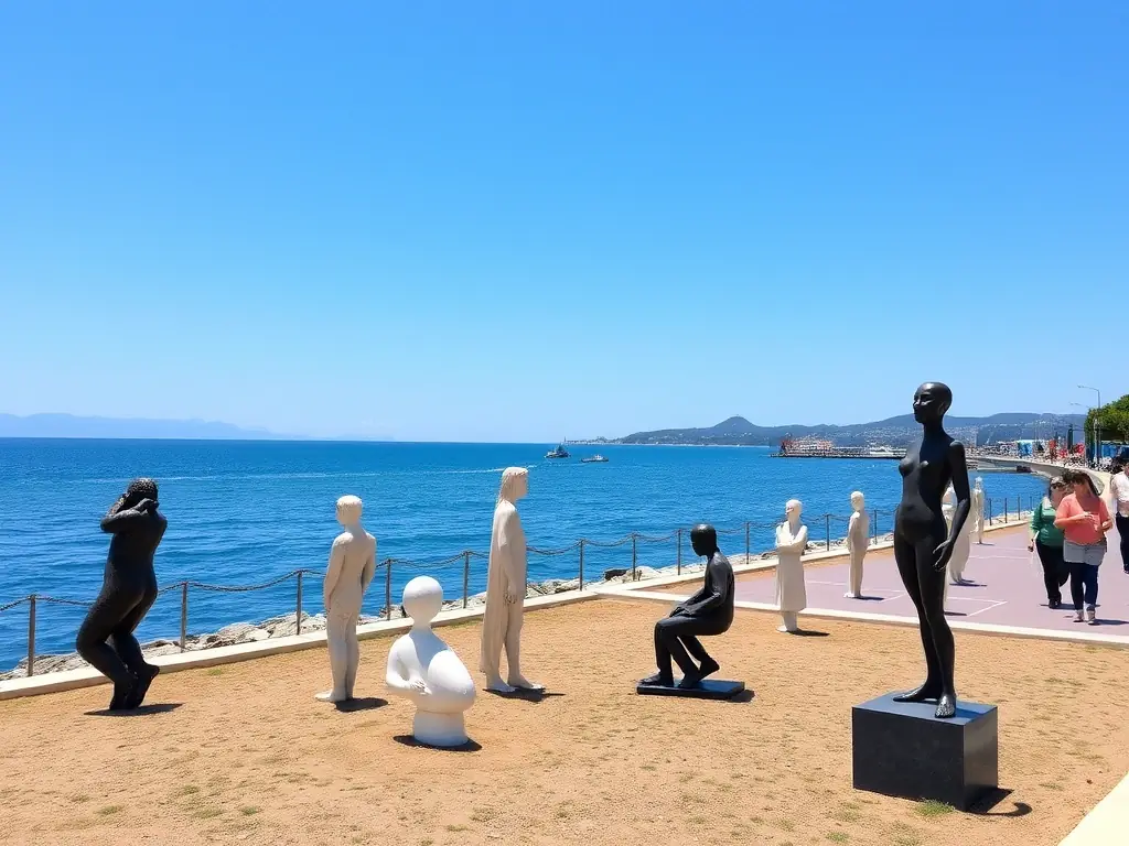 A photograph of a sculpture exhibition along the Côte d'Azur, with the Mediterranean Sea in the background.