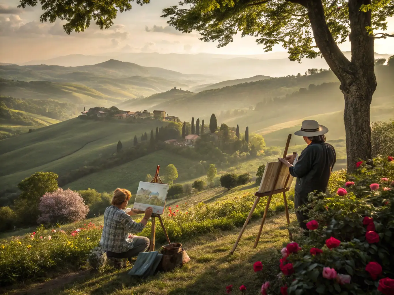 A group of artists participating in a plein air painting session in the scenic Haut-Provence region, capturing the natural beauty of the landscape on their canvases.