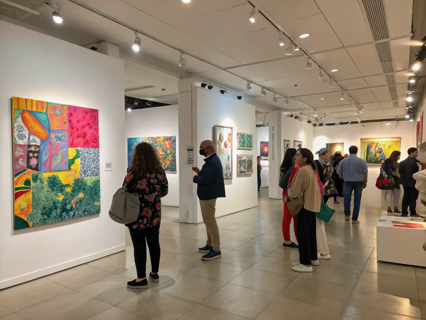 A photograph of an indoor exhibition at a gallery in Marseille, with attendees admiring the artwork and chatting with the artists.