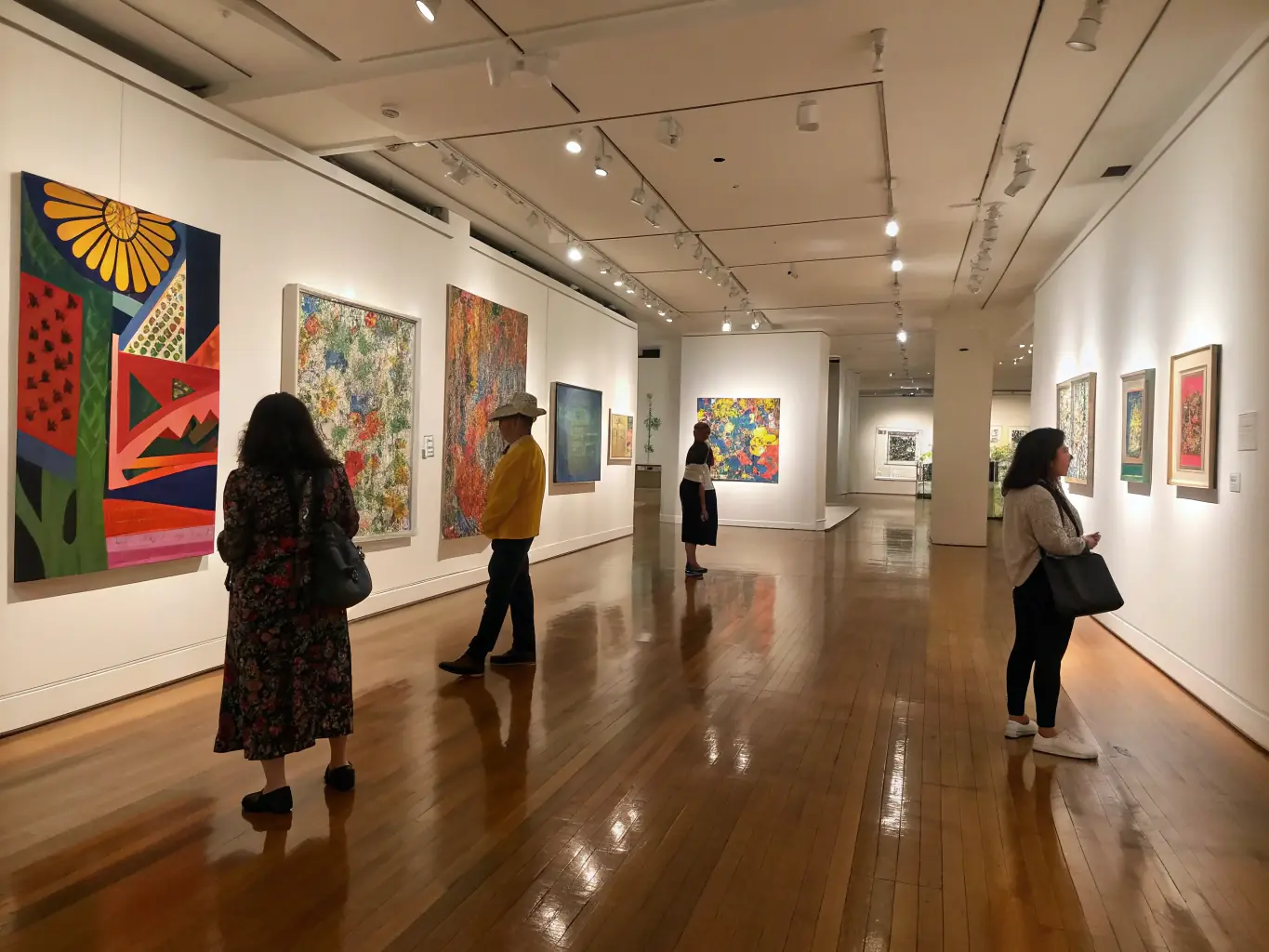 A photograph of an art exhibition organized by FRAHP, showcasing a variety of paintings and sculptures by local artists in a well-lit gallery space.
