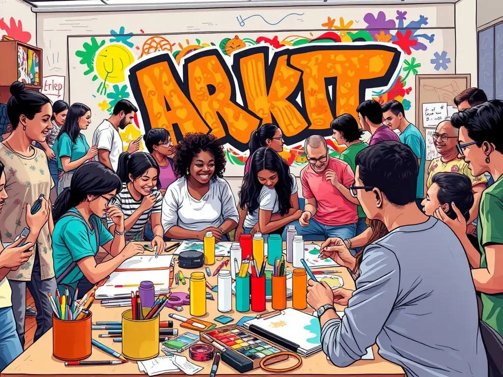 A community art workshop where local artists share their skills and techniques with aspiring artists and art enthusiasts, fostering creativity and collaboration.